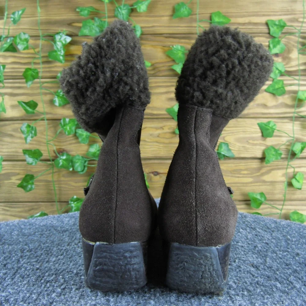 Sudini Women 8.5 Brown Suede Shearling Lined Wedge Boots‎ Zip Up Cozy Winter